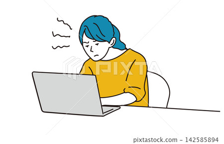 一幅女性弓著背使用筆記型電腦的插圖。 142585894