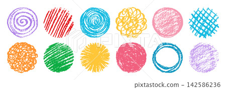 Naive crayon circle scribble set chaotic childlike brush stroke round shapes rough chalk texture Naive crayon circle scribble set chaotic childlike brush stroke round shapes rough chalk texture 142586236