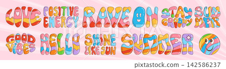 Groovy summer text colored set hippie slogan phrases vector design for poster shirt cards stickers Groovy summer text colored set hippie slogan phrases vector design for poster shirt cards stickers 142586237