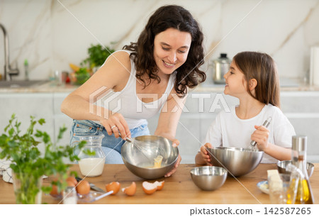 Happy mother and her daughter whisking ingredients in metal bowl in the kitchen Happy mother and her daughter whisking ingredients in metal bowl in the kitchen 142587265