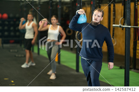 Bearded man doing kettlebell overhead shoulder press in gym Bearded man doing kettlebell overhead shoulder press in gym 142587412