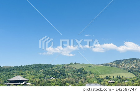 A distant view of Wakakusa Mountain and the Great Buddha Hall of Todai-ji Temple under a clear blue sky in early summer. A distant view of Wakakusa Mountain and the Great Buddha Hall of Todai-ji Temple under a clear blue sky in early summer. 142587747