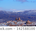 The snow-covered rock formations of Cappadocia and the distant snow-capped mountains. 142588100