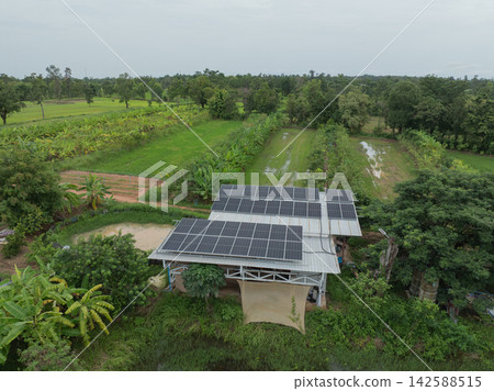 Rooftop solar panels on a rural farm building surrounded by green rice fields during rainy season, generating clean energy for sustainable agriculture. Renewable energy with resilient food production. Rooftop solar panels on a rural farm building surrounded by green rice fields during rainy season, generating clean energy for sustainable agriculture. Renewable energy with resilient food production. 142588515