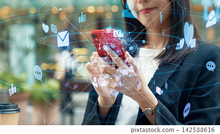 Woman using smartphone in the city and social networking Woman using smartphone in the city and social networking 142588616