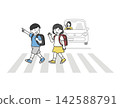 An illustration of children safely crossing a pedestrian crossing and a small car stopping to wait. 142588791