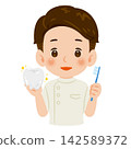 An illustration of the upper body of a male dentist with clean teeth and a toothbrush. 142589372