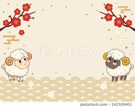 可愛的綿羊與梅花相框 142589401