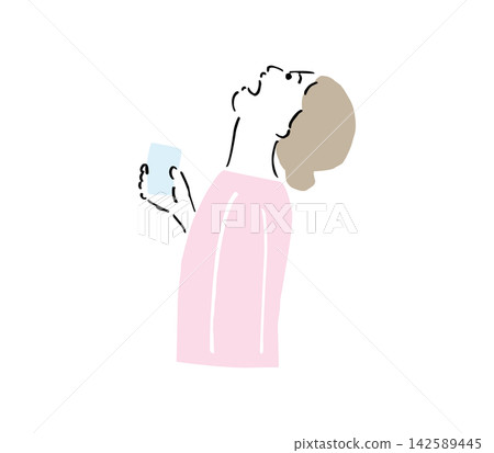 A loosely drawn, sideways illustration of a woman gargling to prevent a cold. A loosely drawn, sideways illustration of a woman gargling to prevent a cold. 142589445