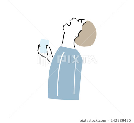 一幅線條隨意、側向繪製的插圖，描繪了一個男人漱口以預防感冒。 142589450