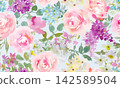 A stylish seamless pattern of roses and flowers painted in watercolor. Colorful floral design. 142589504