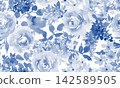 A stylish seamless pattern of roses and flowers painted in watercolor. Blue floral design. 142589505