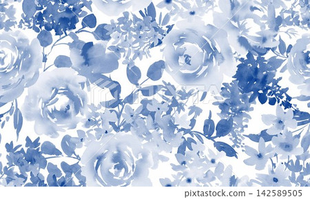 A stylish seamless pattern of roses and flowers painted in watercolor. Blue floral design. A stylish seamless pattern of roses and flowers painted in watercolor. Blue floral design. 142589505