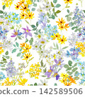 A seamless pattern of abstract flowers and plants painted in watercolor. Floral design. 142589506