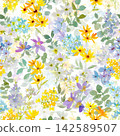 A seamless pattern of abstract flowers and plants painted in watercolor. Floral design. 142589507