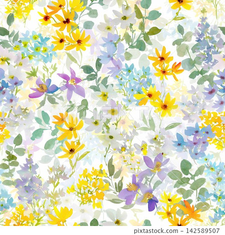 A seamless pattern of abstract flowers and plants painted in watercolor. Floral design. A seamless pattern of abstract flowers and plants painted in watercolor. Floral design. 142589507
