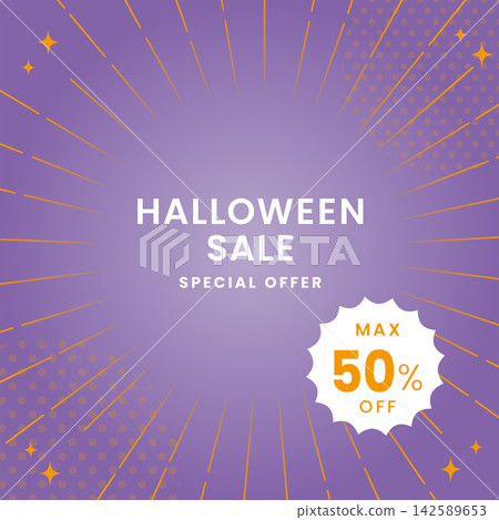 A striking Halloween sale ad banner background featuring a purple and orange radial pattern. A striking Halloween sale ad banner background featuring a purple and orange radial pattern. 142589653