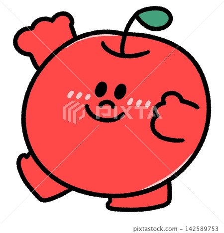 一個可愛又輕鬆的蘋果角色微笑地舉起手。 一個可愛又輕鬆的蘋果角色微笑地舉起手。 142589753