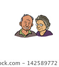 An illustration of a loving elderly couple smiling and snuggling together. 142589772