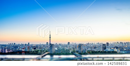 Aerial view of tokyo skytree and city skyline with skyscrapers and blurred foreground at sunset in Japan, miniature tilt shift effect Aerial view of tokyo skytree and city skyline with skyscrapers and blurred foreground at sunset in Japan, miniature tilt shift effect 142589831