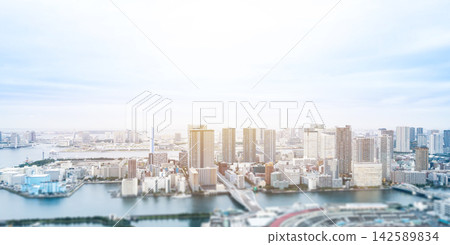 Aerial view of tokyo city skyline with skyscrapers and blurred foreground in Odaiba bay, Japan, miniature tilt shift effect Aerial view of tokyo city skyline with skyscrapers and blurred foreground in Odaiba bay, Japan, miniature tilt shift effect 142589834