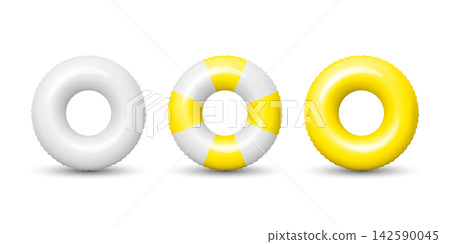 Swim Ring Set, 3d Vector Illustration. Inflatable Swim Ring Collection, Front View. White Yellow Pool Float and Lifebuoy Rings for Beach, Pool Party, Summer Vacation, Water Safety, Swimming Design Swim Ring Set, 3d Vector Illustration. Inflatable Swim Ring Collection, Front View. White Yellow Pool Float and Lifebuoy Rings for Beach, Pool Party, Summer Vacation, Water Safety, Swimming Design 142590045