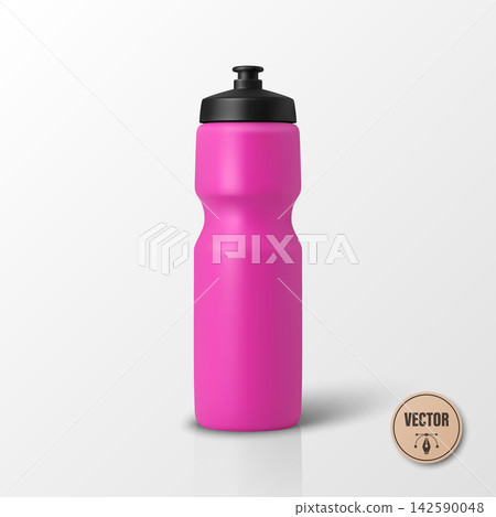 Pink Sports Bottle, 3d Vector Illustration. Blank Pink Water Bottle Mockup. Plastic Fitness Bottle with Black Cap for Gym, Workout, Running, Cycling, Hydration, Sport Equipment Design Pink Sports Bottle, 3d Vector Illustration. Blank Pink Water Bottle Mockup. Plastic Fitness Bottle with Black Cap for Gym, Workout, Running, Cycling, Hydration, Sport Equipment Design 142590048