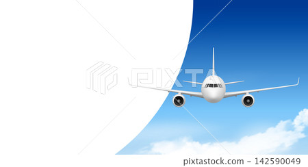 Airplane Banner Vector Illustration. Passenger Airplane Flying in Blue Sky Background. Horizontal Travel Banner Template with Copy Space for Airline, Flight, Vacation, Tourism, Aviation Design Airplane Banner Vector Illustration. Passenger Airplane Flying in Blue Sky Background. Horizontal Travel Banner Template with Copy Space for Airline, Flight, Vacation, Tourism, Aviation Design 142590049