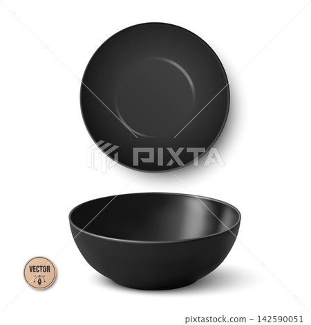 Black Bowl Isolated. Top View, Front View, Vector Illustration. 3d Realistic Empty Bowl. Black Bowl Illustration. Kitchen, Tableware, Ceramic Dish, Food Serving 142590051