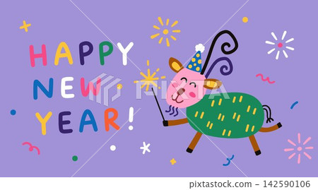 Happy New Year Celebration with Cute Cartoon Goat Happy New Year Celebration with Cute Cartoon Goat 142590106