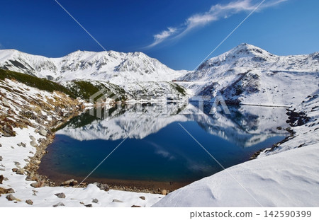 The snow-capped Tateyama mountain range reflected on the water's surface. The snow-capped Tateyama mountain range reflected on the water's surface. 142590399