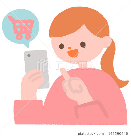 Illustration of a woman shopping on her smartphone Illustration of a woman shopping on her smartphone 142590446