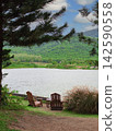 Two Wooden Chairs Facing a Scenic Lake and Mountains in a Lush Green Landscape 142590558