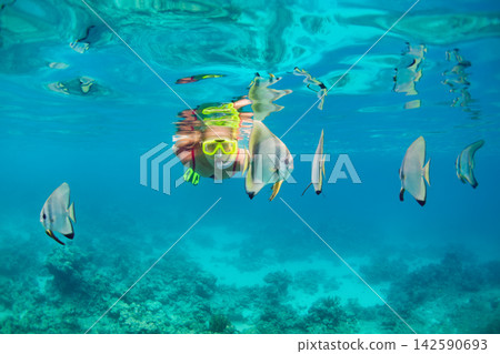 Happy family - active woman in snorkeling mask dive underwater, see tropical fishes in coral reef sea pool. Travel adventure, swimming activity and watersports on summer beach vacation with child. Happy family - active woman in snorkeling mask dive underwater, see tropical fishes in coral reef sea pool. Travel adventure, swimming activity and watersports on summer beach vacation with child. 142590693