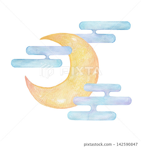 Japanese-style watercolor illustration of the moon and clouds Japanese-style watercolor illustration of the moon and clouds 142590847