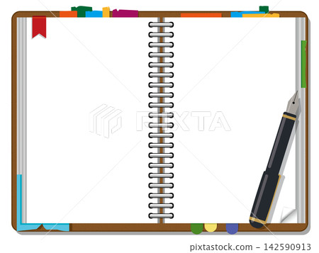 A notebook spread frame template with colorful index tabs and sticky notes. 142590913
