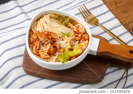 spicy Rice Noodles with Braised Pork Intestines, Chinese Chitterlings Mifen Soup in Ceramic Bowl spicy Rice Noodles with Braised Pork Intestines, Chinese Chitterlings Mifen Soup in Ceramic Bowl 142590928