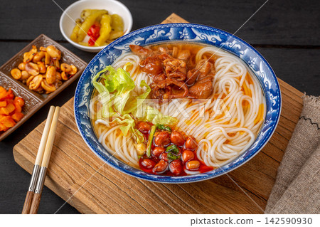 chinese Spicy Rice Noodles with Braised Pork Intestines, Traditional Yunnan Mixian Soup Bowl chinese Spicy Rice Noodles with Braised Pork Intestines, Traditional Yunnan Mixian Soup Bowl 142590930