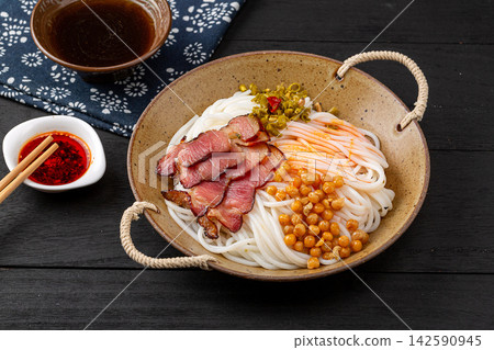 traditional Chinese Dry Rice Noodles with Cured Pork Belly, Yunnan Style Mixian Noodle Bowl traditional Chinese Dry Rice Noodles with Cured Pork Belly, Yunnan Style Mixian Noodle Bowl 142590945