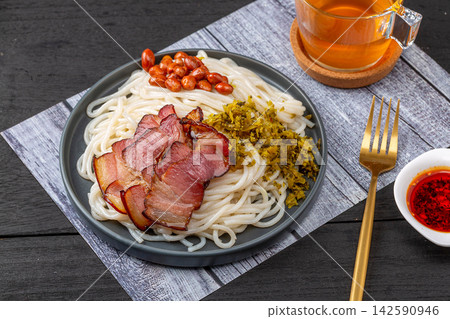 traditional Chinese Dry Rice Noodles with Cured Pork Belly, Yunnan Style Mixian Noodle Bowl traditional Chinese Dry Rice Noodles with Cured Pork Belly, Yunnan Style Mixian Noodle Bowl 142590946