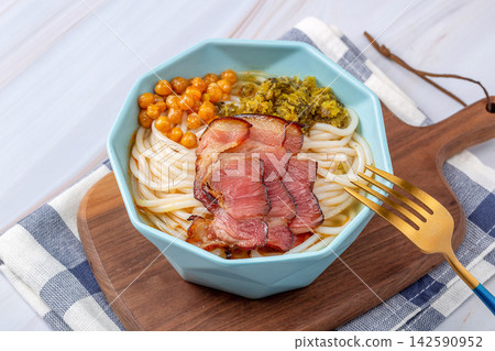 chinese Rice Noodle Soup with Sliced Cured Pork Belly, Spicy Yunnan Mixian Noodle Bowl chinese Rice Noodle Soup with Sliced Cured Pork Belly, Spicy Yunnan Mixian Noodle Bowl 142590952