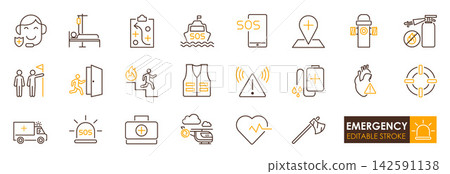 Emergency medical symbol collection with ambulance hospital clinic warning siren first aid and healthcare icon 142591138