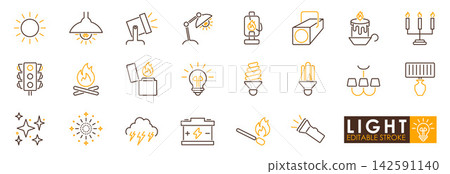 Light bulb icon, lantern, candle, sun, lamp and illumination symbol collection Light bulb icon, lantern, candle, sun, lamp and illumination symbol collection 142591140