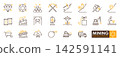Mining icon set with tools, equipment, minerals, tunnel, worker, and industry symbols 142591141