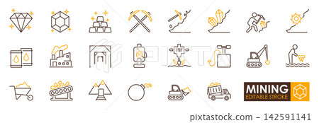 Mining icon set with tools, equipment, minerals, tunnel, worker, and industry symbols Mining icon set with tools, equipment, minerals, tunnel, worker, and industry symbols 142591141