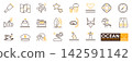 Coastal travel icon set featuring ocean wave, sailboat, lighthouse, editable stroke 142591142