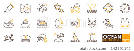 Coastal travel icon set featuring ocean wave, sailboat, lighthouse, editable stroke Coastal travel icon set featuring ocean wave, sailboat, lighthouse, editable stroke 142591142