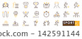 Sports medal and equipment icon set featuring exercise, competition, fitness, and athletic activity symbols in orange and brown 142591144