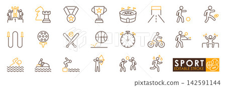 Sports medal and equipment icon set featuring exercise, competition, fitness, and athletic activity symbols in orange and brown Sports medal and equipment icon set featuring exercise, competition, fitness, and athletic activity symbols in orange and brown 142591144