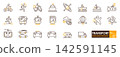 Transport icon collection featuring bicycle bus train boat aircraft truck car motorcycle and travel symbols in editable style 142591145